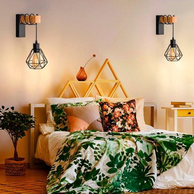 Applique murale en bois vintage avec abat-jour en cage noire et douille suspendue E27 pour salon et couloir