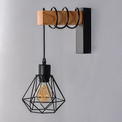 Applique murale en bois vintage avec abat-jour en cage noire et douille suspendue E27 pour salon et couloir