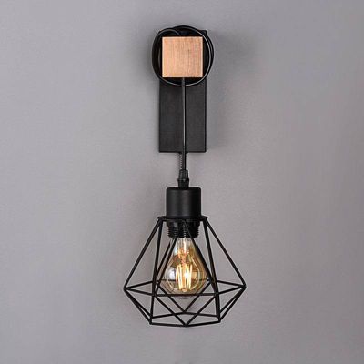 Applique murale en bois vintage avec abat-jour en cage noire et douille suspendue E27 pour salon et couloir