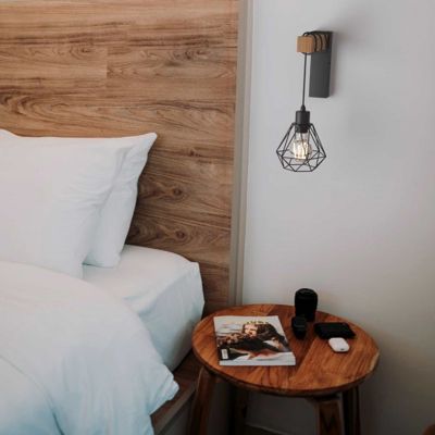 Applique murale en bois vintage avec abat-jour en cage noire et douille suspendue E27 pour salon et couloir