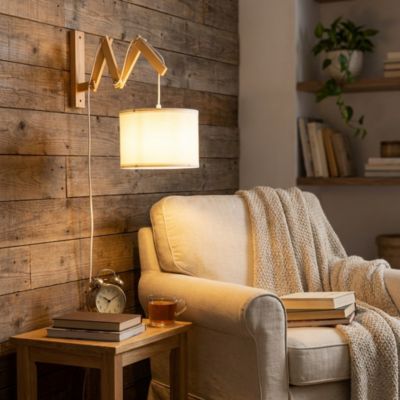 Applique murale extensible en bois avec abat-jour en tissu blanc