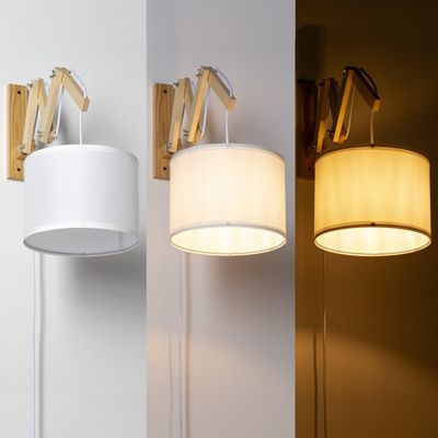 Applique murale extensible en bois avec abat-jour en tissu blanc