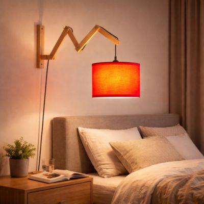 Applique murale extensible en bois avec abat-jour en tissu rouge