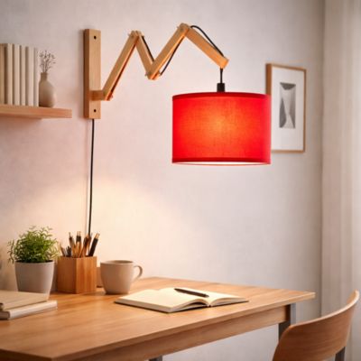 Applique murale extensible en bois avec abat-jour en tissu rouge