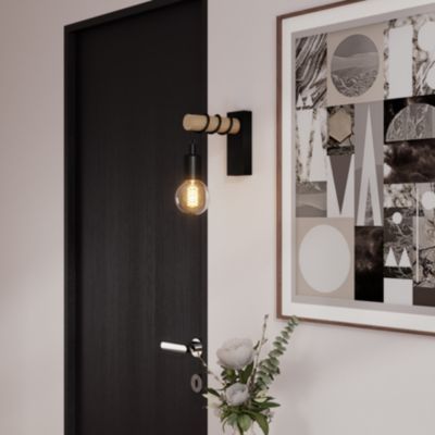 Applique murale intérieur en métal noir et effet bois E27 15W L.18,5 x l.6,5 x H.16,5cm, GoodHome Hornero