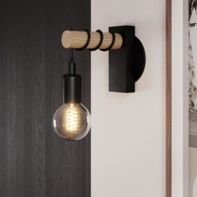 Applique murale intérieur en métal noir et effet bois E27 15W L.18,5 x l.6,5 x H.16,5cm, GoodHome Hornero