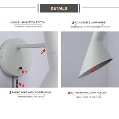 Applique Murale Pivotante avec Câble Prise et Interrupteur Oslo - Design Contemporain et Élégant E27 Métal Gris
