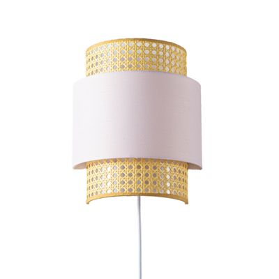 Applique murale rotin naturel avec abat-jour tissu rose E27