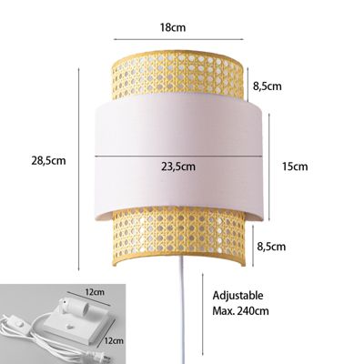 Applique murale rotin naturel avec abat-jour tissu rose E27