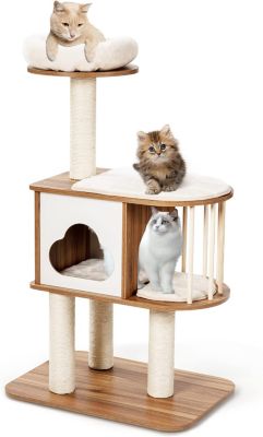 Arbre à Chat 117 CM en Bois à 3 Niveaux avec Plateformes et Niche-Coussins Confortables-Poteaux en Sisal-Design et Moderne