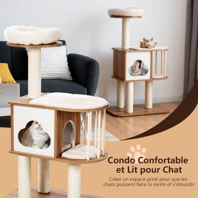 Arbre à Chat 117 CM en Bois à 3 Niveaux avec Plateformes et Niche-Coussins Confortables-Poteaux en Sisal-Design et Moderne