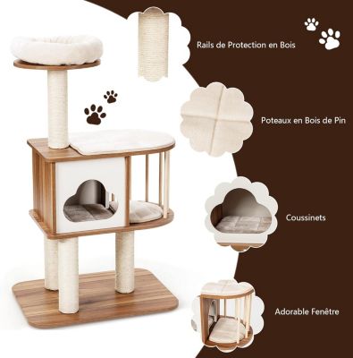 Arbre à Chat 117 CM en Bois à 3 Niveaux avec Plateformes et Niche-Coussins Confortables-Poteaux en Sisal-Design et Moderne
