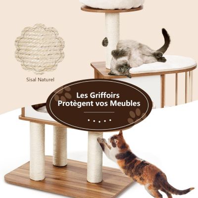 Arbre à Chat 117 CM en Bois à 3 Niveaux avec Plateformes et Niche-Coussins Confortables-Poteaux en Sisal-Design et Moderne