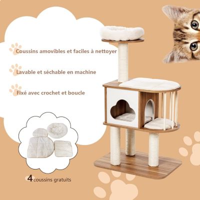 Arbre à Chat 117 CM en Bois à 3 Niveaux avec Plateformes et Niche-Coussins Confortables-Poteaux en Sisal-Design et Moderne