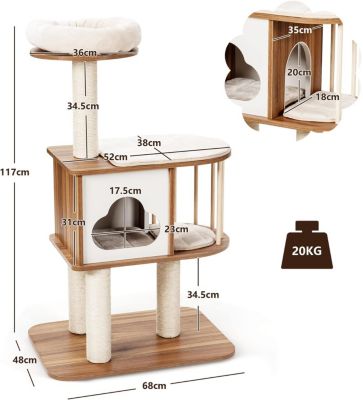 Arbre à Chat 117 CM en Bois à 3 Niveaux avec Plateformes et Niche-Coussins Confortables-Poteaux en Sisal-Design et Moderne