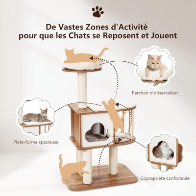 Arbre à Chat 117 CM en Bois à 3 Niveaux avec Plateformes et Niche-Coussins Confortables-Poteaux en Sisal-Design et Moderne