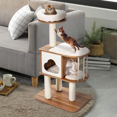 Arbre à Chat 117 CM en Bois à 3 Niveaux avec Plateformes et Niche-Coussins Confortables-Poteaux en Sisal-Design et Moderne