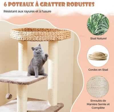 Arbre à Chat 131cm en Tige de Massette Griffoirs en Sisal Perchoir Condo Boule Suspendue en Peluche