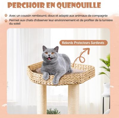 Arbre à Chat 131cm en Tige de Massette Griffoirs en Sisal Perchoir Condo Boule Suspendue en Peluche