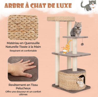 Arbre à Chat 131cm en Tige de Massette Griffoirs en Sisal Perchoir Condo Boule Suspendue en Peluche