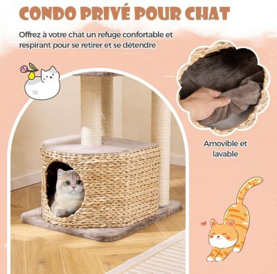 Arbre à Chat 131cm en Tige de Massette Griffoirs en Sisal Perchoir Condo Boule Suspendue en Peluche