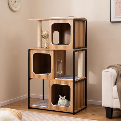 Arbre à Chat 133CM avec Cadre en Métal 3 Niches Griffoirs et Planche en Sisal Coussins Lavables