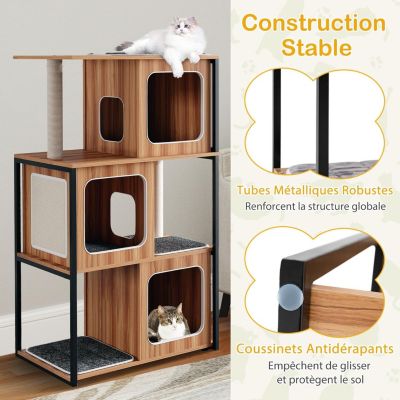 Arbre à Chat 133CM avec Cadre en Métal 3 Niches Griffoirs et Planche en Sisal Coussins Lavables