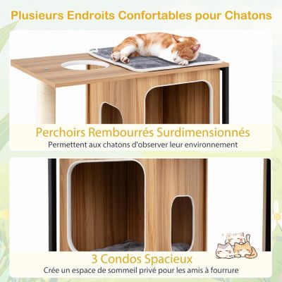 Arbre à Chat 133CM avec Cadre en Métal 3 Niches Griffoirs et Planche en Sisal Coussins Lavables