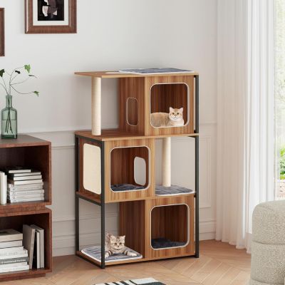 Arbre à Chat 133CM avec Cadre en Métal 3 Niches Griffoirs et Planche en Sisal Coussins Lavables