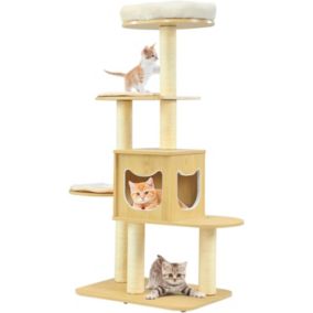 Arbre à Chat 135 CM avec Griffoir Grattoir Sisal Naturel-Niche avec 4 Plateformes et Coussins Lavables-Tour de Jeu en Bois