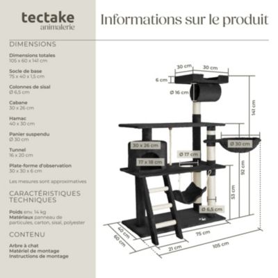 Arbre à chat 141 cm avec griffoir et plateforme d'escalade noir
