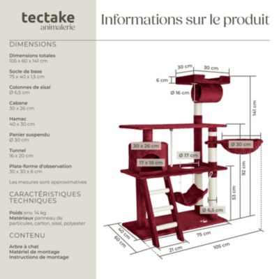 Arbre à chat 141 cm avec griffoir et plateforme d'escalade rouge bordeaux