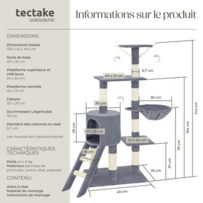 Arbre à chat 144 cm avec griffoir et plateforme d'escalade gris