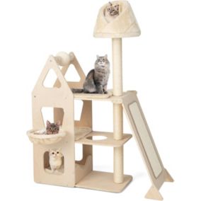 Arbre à Chat 156 CM en Bois Massif 3 Niveaux avec Poteaux en Sisal Perchoir&Panier-Lit Base Renforcée Antidérapante