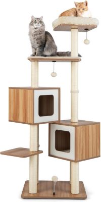 Arbre à Chat 163 CM en Bois 6 Niveaux avec Plateformes Condos Coussins Confortables Poteaux en Sisal Boules