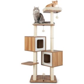 Arbre à Chat 163 CM en Bois 6 Niveaux avec Plateformes Condos Coussins Confortables Poteaux en Sisal Boules