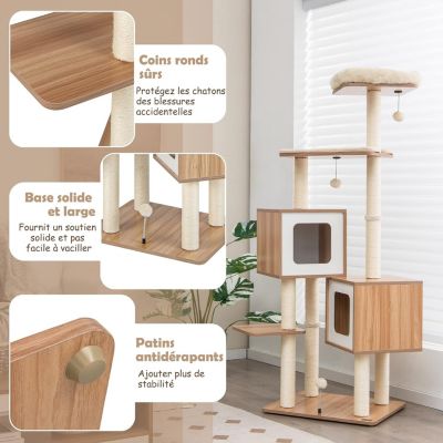 Arbre à Chat 163 CM en Bois 6 Niveaux avec Plateformes Condos Coussins Confortables Poteaux en Sisal Boules