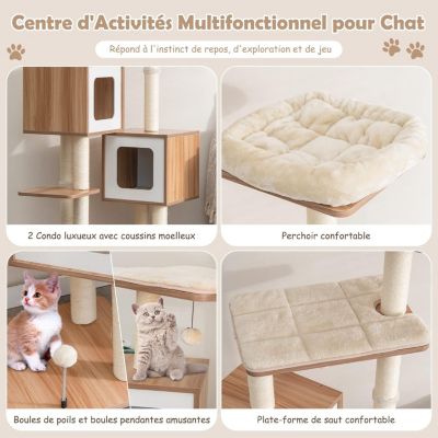 Arbre à Chat 163 CM en Bois 6 Niveaux avec Plateformes Condos Coussins Confortables Poteaux en Sisal Boules