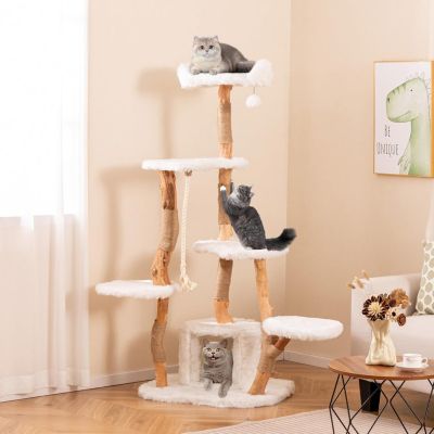 Arbre à Chat 168cm à 6 Niveaux en Bois Massif avec Plateforme Perchoir Hamac Griffoirs en Jute