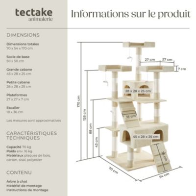 Arbre à chat 170 cm avec griffoir et plateforme d'escalade beige