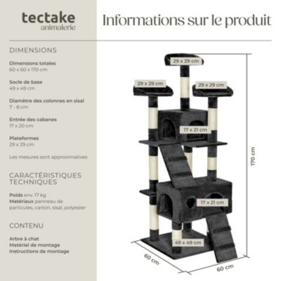 Arbre à chat 170 cm avec griffoir et plateforme d'escalade noir