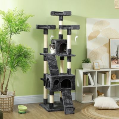 Arbre à chat 173 cm en MDF gris avec niches, plateformes et jouets