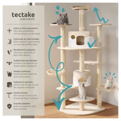 Arbre à chat 201 cm avec griffoir et plateforme d'escalade beige/blanc