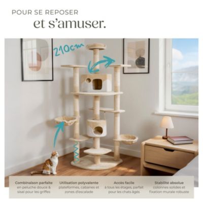 Arbre à chat 201 cm avec griffoir et plateforme d'escalade beige/blanc