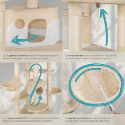 Arbre à chat 201 cm avec griffoir et plateforme d'escalade beige/blanc