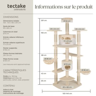 Arbre à chat 201 cm avec griffoir et plateforme d'escalade beige/blanc