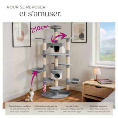 Arbre à chat 201 cm avec griffoir et plateforme d'escalade gris/blanc