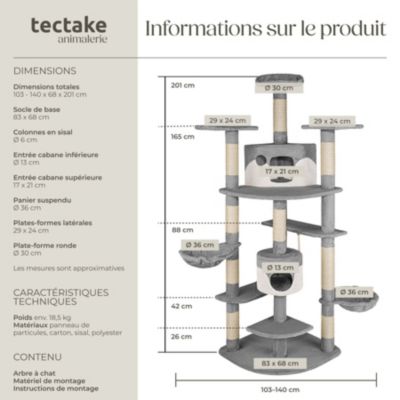Arbre à chat 201 cm avec griffoir et plateforme d'escalade gris/blanc