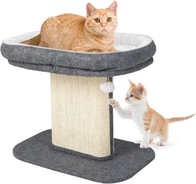 Arbre à Chat 50 CM en Bois Recouvert Peluche Poteaux en Sisal Nid Confortable Boule Suspendue Gris