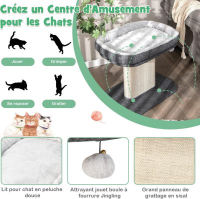 Arbre à Chat 50 CM en Bois Recouvert Peluche Poteaux en Sisal Nid Confortable Boule Suspendue Gris